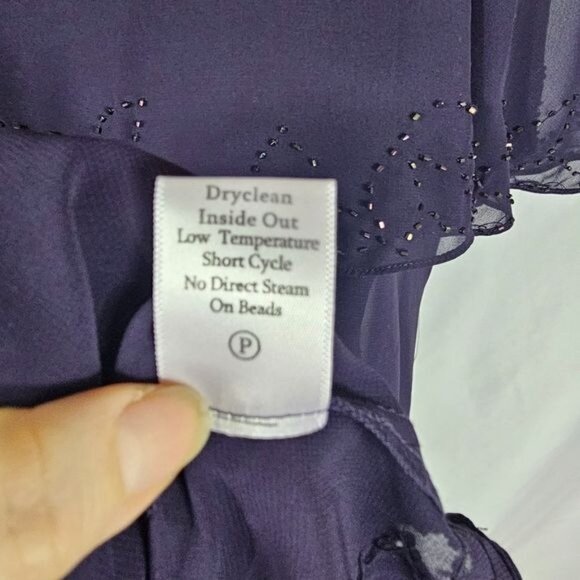 Coldwater Creek Purple Tiered Chiffon Boatneck Blouse Sz 14 Beaded Asymmetrical - Picture 8 of 11